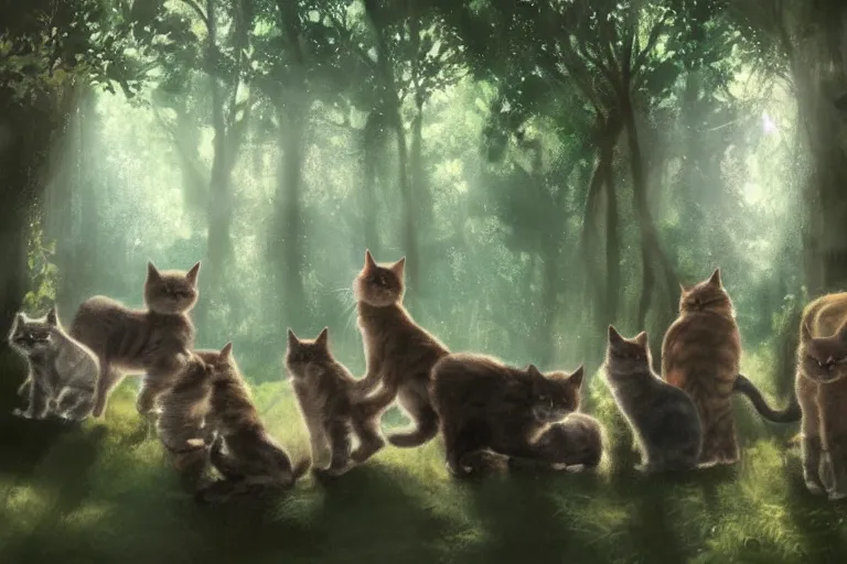 Image similar to a forest with a group of cats travelling, trending on artstation, by wayne mcloughlin, backlighting