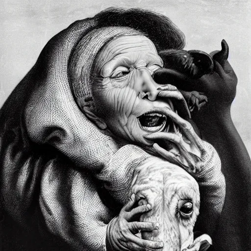 Prompt: a surrealist image of an old woman swallowing a whole goat in one gulp