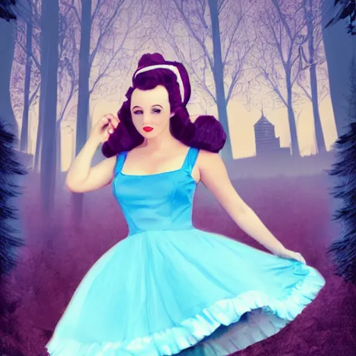 Image similar to giant alice in wonderland, pin up, houses, trees, mountains, woman, city, digital art, photo, blue dress, photoshop, flowers, collage