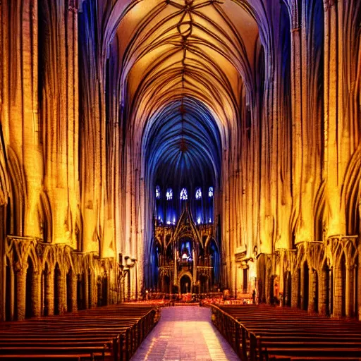 Prompt: Notre Dame interior. chocolate over a pedestal illuminated by a ray of light from a cathedral window. Wide Perspective. Realistic. Fantasy art