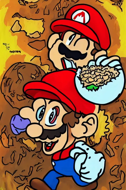 Image similar to mario eating kinopio in the style of saturn devouring his son, goya art, canvas painting, digital art, extremely detailed, photoshop, devouring, cannibalism, swallowing, humanoid mushroom