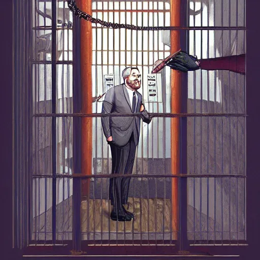 Prompt: presidente lula behind bars in jail, luiz inacio lula da silva. intricate, elegant, highly detailed, digital painting, artstation, concept art, sharp focus, illustration, by justin gerard and artgerm, 8 k