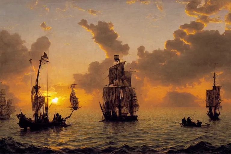 Image similar to painting of a spanish galleon, a spanish galleon, sailing the amazon river, jungle, sunset, clouds, chill, romantic, by ludwig deutsch and maxfield parrish, patterned tilework, extremely detailed, cinematic lighting, smooth sharp focus