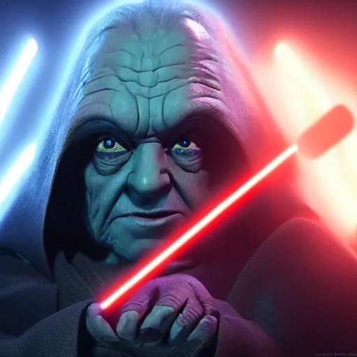 Image similar to portrait of darth sidious teaches master yoda the dark side of the force, 8 k uhd, unreal engine, octane render in the artstyle of finnian macmanus, john park and greg rutkowski