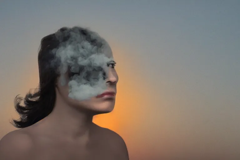 Image similar to a woman's face made out of smoke, surreal, magritte, expression, slow, sunset