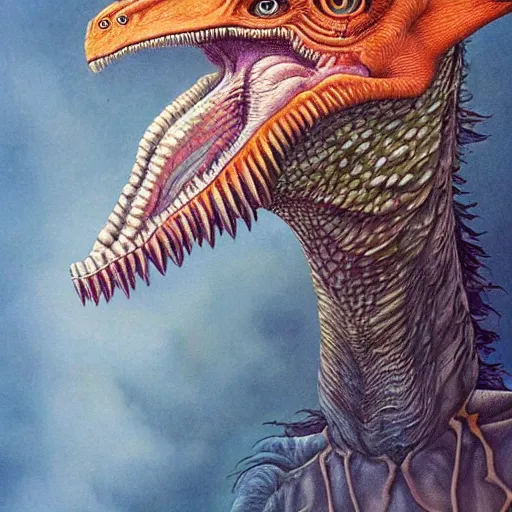 Image similar to portrait of surreal velociraptor, artwork by Daniel Merriam,