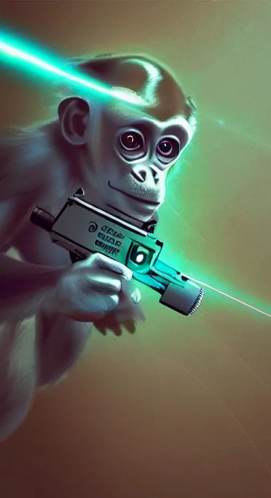 Image similar to “ small monkey with laser gun in large empty space, digital art, super aesthetic, art station trending, award winning ”