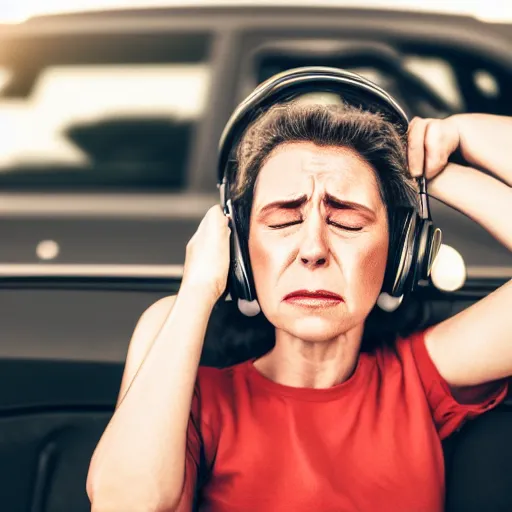 Prompt: a woman crying while listening to music, ( sony a 7 r iv, symmetric balance, polarizing filter, photolab, lightroom, 4 k, dolby vision, photography award, picturesque ) police car lights