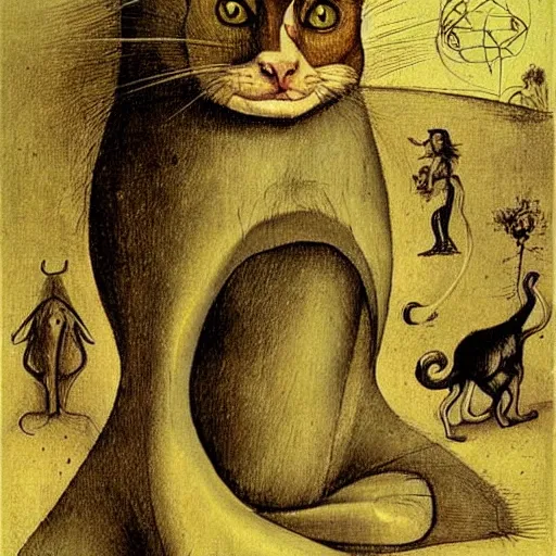 Prompt: stunning portrait of the cat of cheshire from alice in wonderland by hieronymus bosch