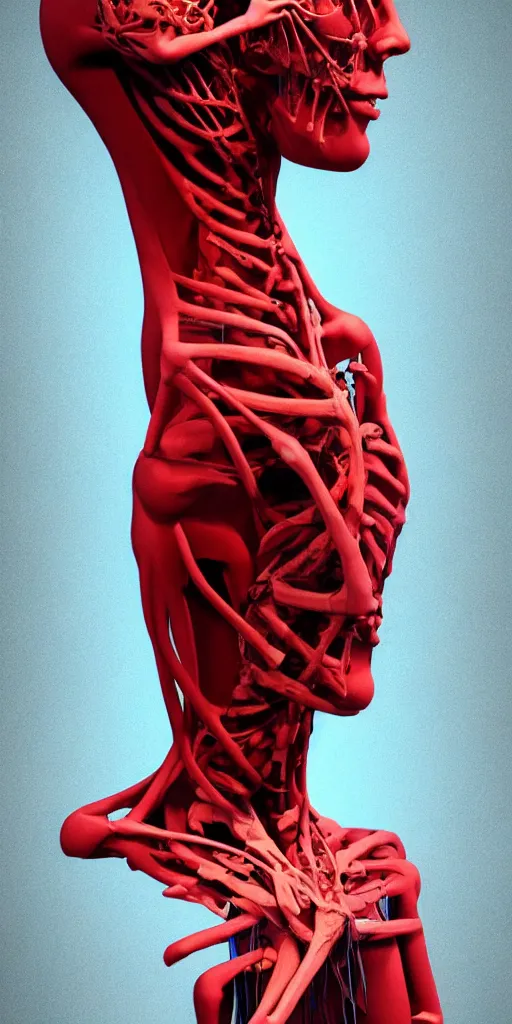 Image similar to poster design, full body anatomical model, 3 d photographic render of a deconstructed asymmetric human anatomical correct human body, in hoc signo vinces, waterfall, in the style of leonora carrington, gottfried helnwein, intricate composition, blue light by caravaggio, insanely quality, highly detailed, masterpiece, red light, artstation