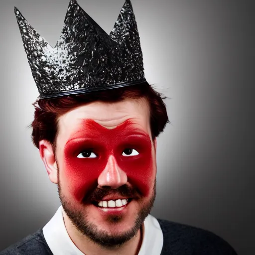 Image similar to man with a crown, smirk, photograph, black backgrounds, glowing red eyes