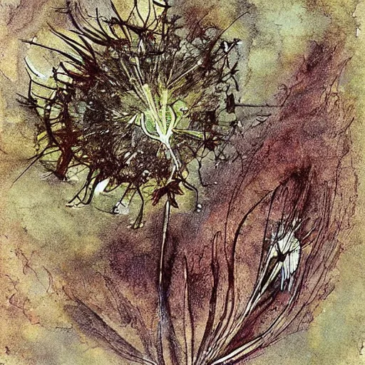 Image similar to a beautiful fairytale painting of a dandelion seed that is also a fairy. the dandelion seed is the body of the fairy. beautiful clear painting by arthur rackham