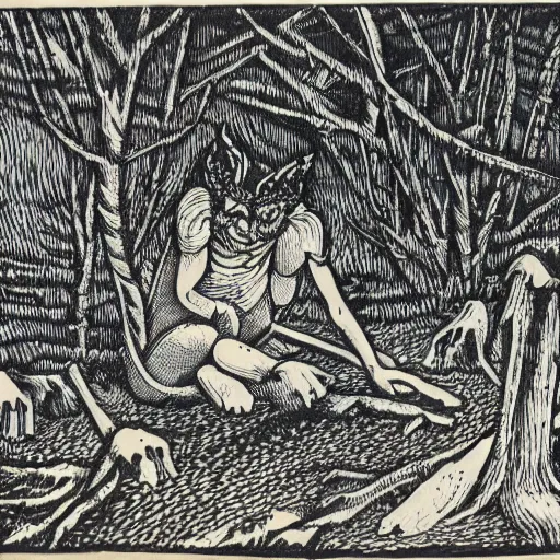 Image similar to the devil sits near a pile of bones in the edge of the woods. Woodblock print. Highly detailed.