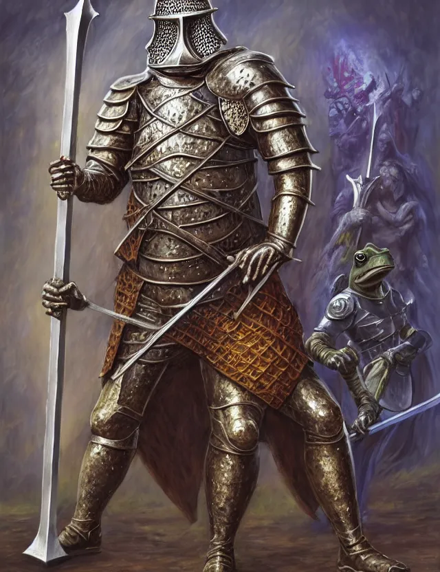 Prompt: anthropomorphic bipedal frog that is dressed as a medieval knight, and holding a colossal sword, as a matte oil painting, d & d character reveal, by alex grey, standing, fullbody, ornate, gems, ectoplasm, knickknacks, mystic, concept art, award - winning, extremely detailed, sharp focus