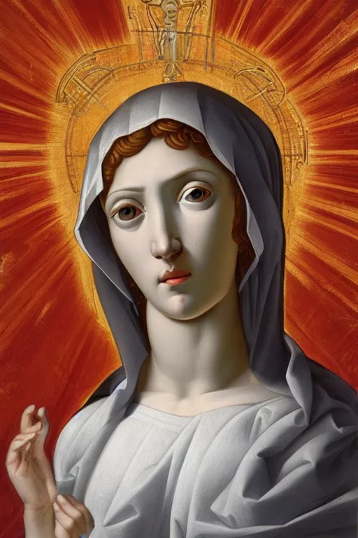 Prompt: virgin mary, cyborg, ultra detailed, Guido Reni style