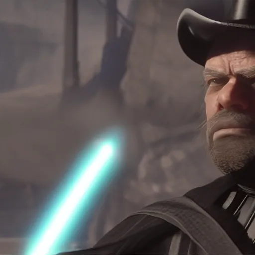 Prompt: Film still of Darth Vader holding his lightsaber, from Red Dead Redemption 2 (2018 video game)