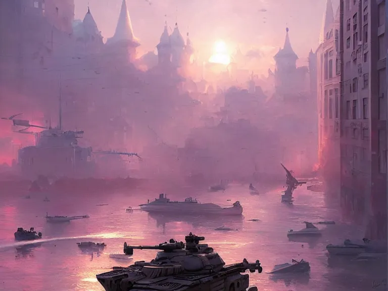 Image similar to city of syzran!!!, militaristic!!!, romantic!!!, hyperrealistic, highly detailed, cinematic, pink sunlight!, beautiful, cgssociety, artstation, 8 k, oil painting by greg rutkowski, by artgerm, by wlop