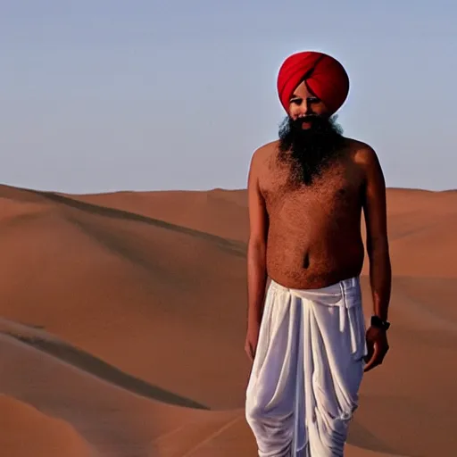 Image similar to low quality image of an indian man in a turban floating above a desert