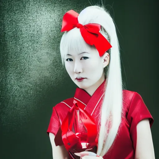 Prompt: Portrait of a japanese young lady with a long white!!!!!!! long white hair (and a red ribbon), Rim Lighting, Lantern, Award Winning photo