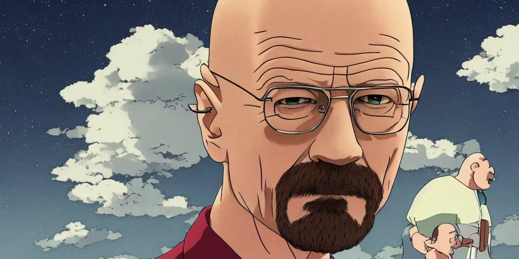 Prompt: walter white in a studio ghibli movie, movie still frame, anime art style, studio ghibli, 4 k, 8 k