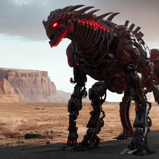 Image similar to cinematic still of westworld, a full body red stunning intricate si - fi robotic fantasy dragon, well armored mech dragon, highly detailed