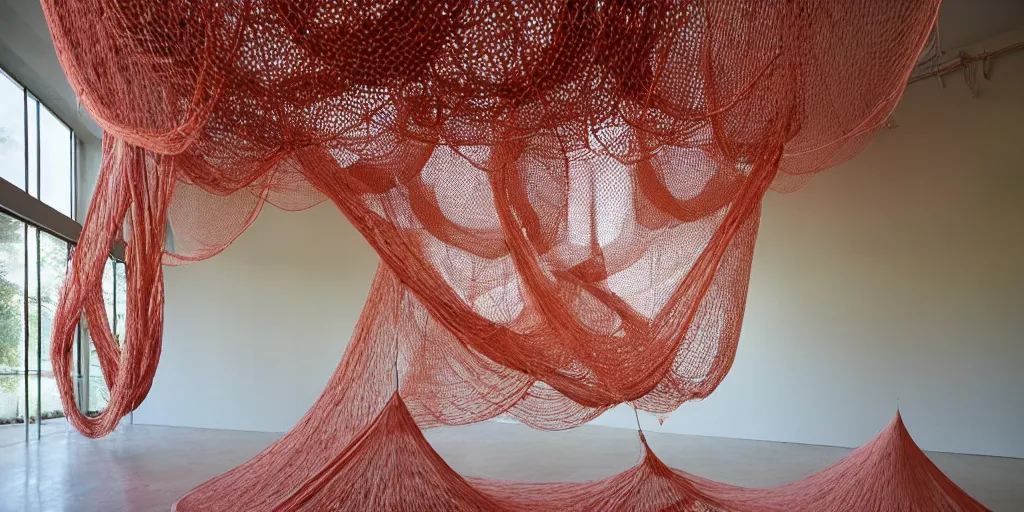 Image similar to biomorphic structures out of stocking - like material and nets that fills with various objects like spices, sand and rocks by ernesto neto, light - mint with dusty pink color