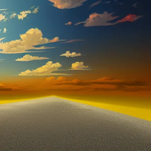 Prompt: beautiful digital art of a trail of clouds across the sky, beautiful, award - winning, digital art, yellow to red to blue sky, antview, perspective, trending on artstation