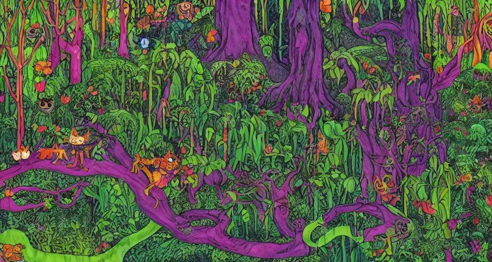 Prompt: A dense and dark enchanted forest with a swamp, by Lisa Frank,