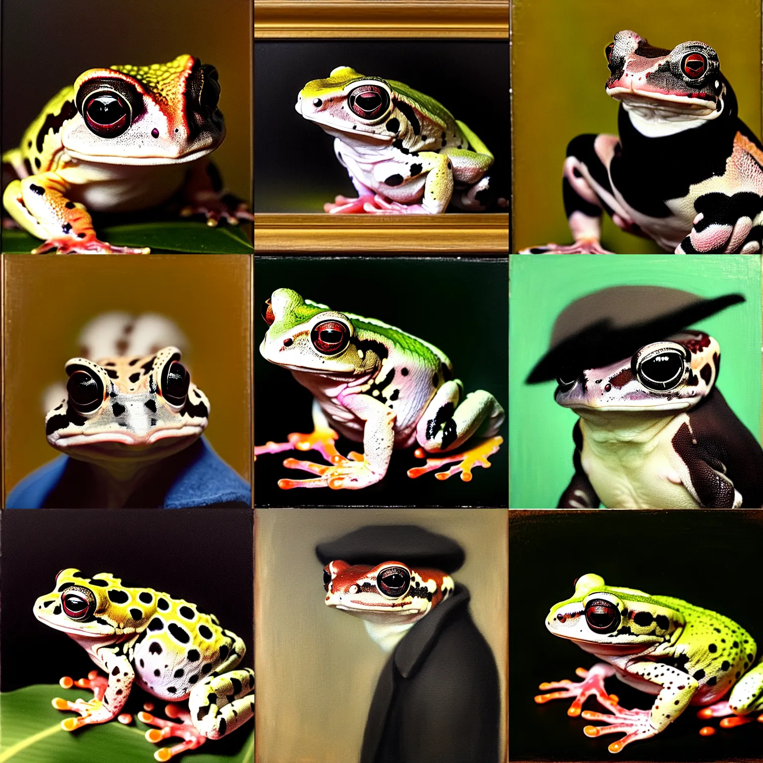 Prompt: a head - and - shoulders portrait of an amazon milk frog looking off camera and wearing a black pea coat, an american romanticism painting, a portrait painting, cgsociety, soft focus, oil on canvas