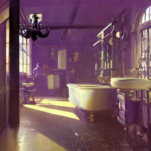 Prompt: painting of syd mead artlilery scifi bathroom with ornate metal work lands on a farm, volumetric lights, purple sun, andreas achenbach