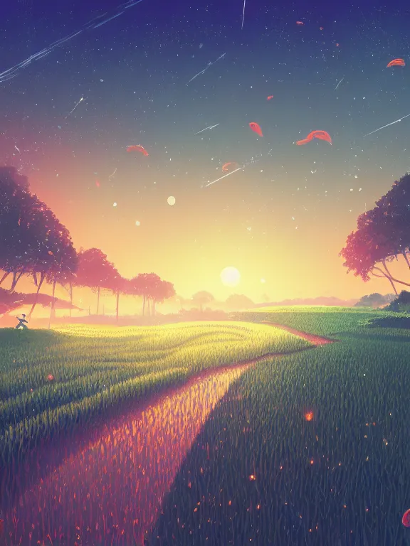 Prompt: a ultradetailed illustration of fireflies fly in the rice fields at night, and there are the moon and stars in the upper half of the picture by makoto shinkai, anton fadeev, thomas kinkade, and james gilleard, wide angle, deviantart, cgsociety, 4 k vertical wallpaper