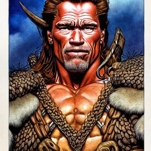 Image similar to a realistic and atmospheric portrait of arnold schwarzenegger as a druidic warrior wizard looking at the camera with an intelligent gaze by rebecca guay, michael kaluta, charles vess and jean moebius giraud