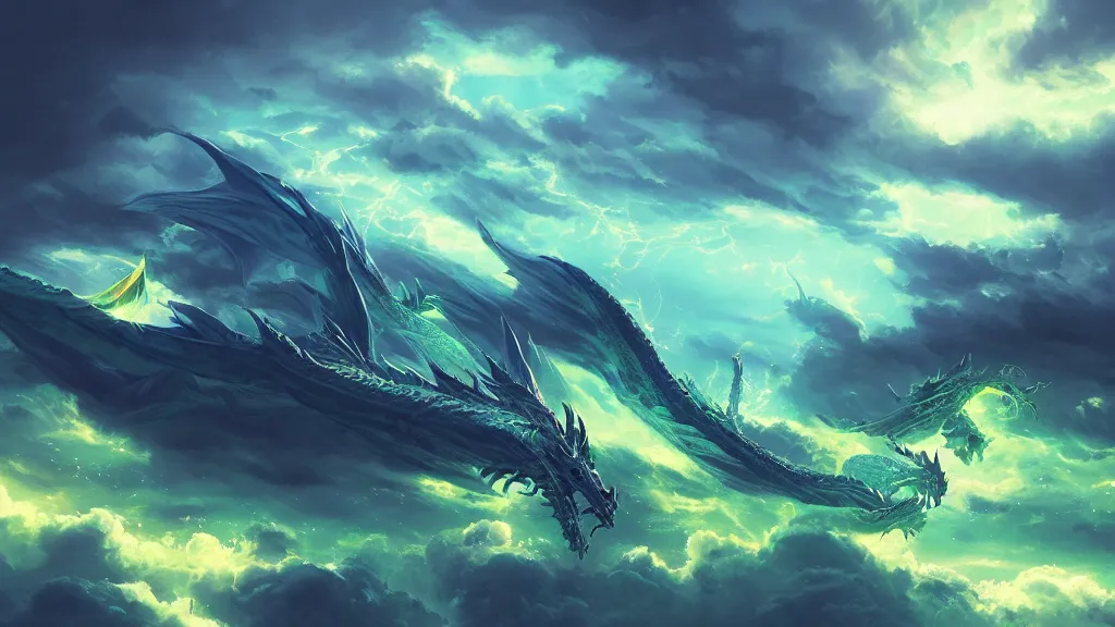 Prompt: huge green dragon flying through a stormy cloudy sky, lightning striking all around it, vibrant colors, by sylvain sarrailh, rossdraws, ambient light, ultra detailed, fantasy artwork, 8 k, volumetric lighting, trending on artstation, award winning, beautiful scenery, very beautiful.