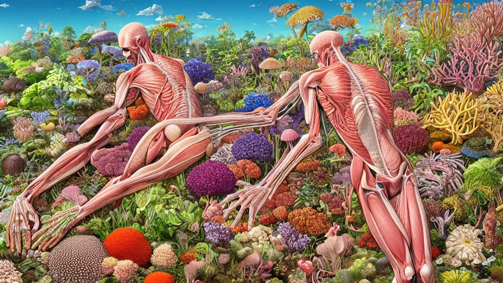 Image similar to highly detailed illustration of a human anatomy body exploded by all the known species of plants, flowers, corals and mushrooms by juan gatti, by makoto shinkai, by moebius!, by oliver vernon