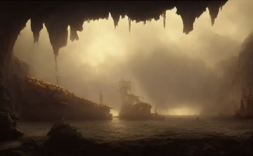 Prompt: A galleon ship, three masts, in a cave. Underexposed, dark. Atmospheric matte painting by Darek Zabrocki and Christophe Vacher