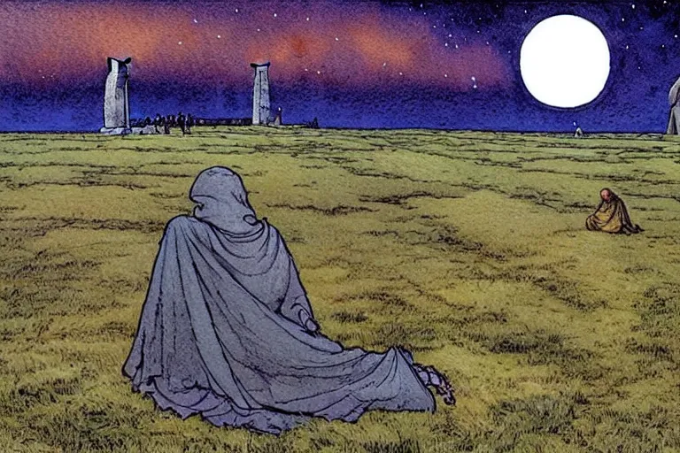 Image similar to a realistic and atmospheric watercolour fantasy concept art of a metallic ufo landing in a large stonehenge. medieval monk in grey robes on his knees praying. a crescent moon in the sky. muted colors. by rebecca guay, michael kaluta, charles vess and jean moebius giraud