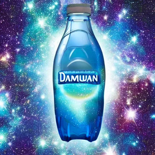 Prompt: galaxy in a Dasani bottle