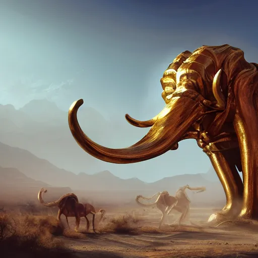 Prompt: golden mammoth in the dessert, artstation, midjourney, dall - e 2, cgsociety, cgi, digital, illustration, arts, realistic, awards winning, dramatic, cinematic, artistic, famous, detailed