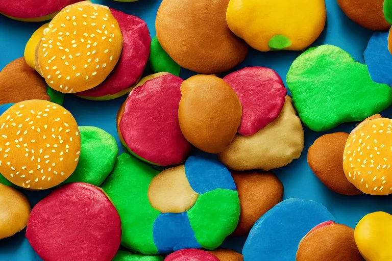 Image similar to mcdonalds colorful pattys between buns, commercial photograph taken on table
