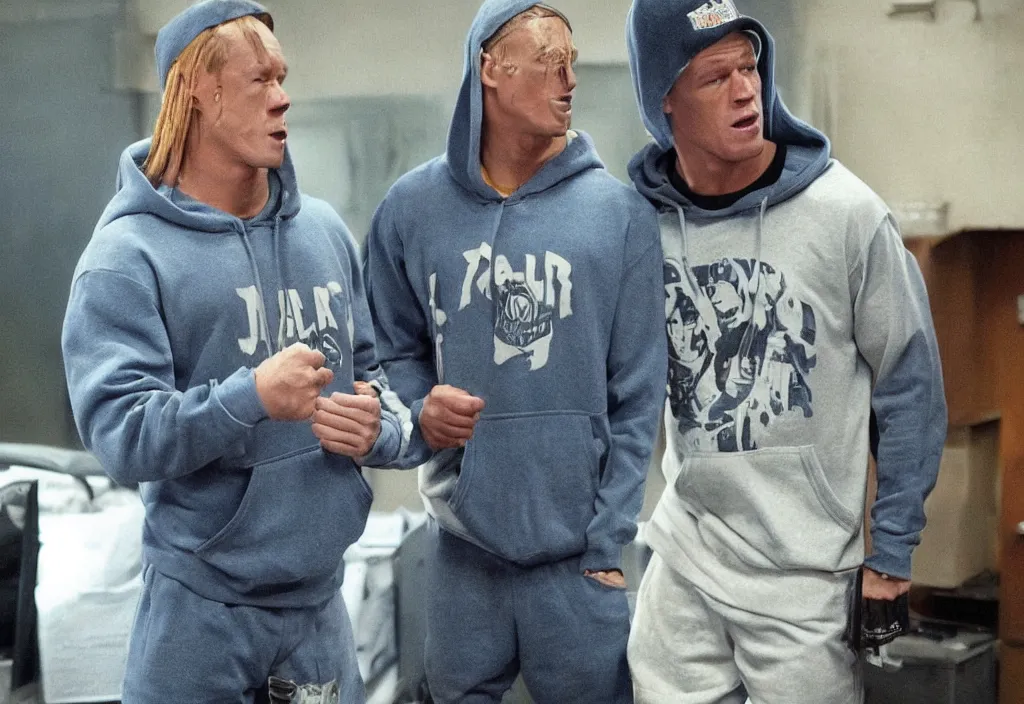 Image similar to john cena in a hoodie portraying marshall mathers in 8 mile.