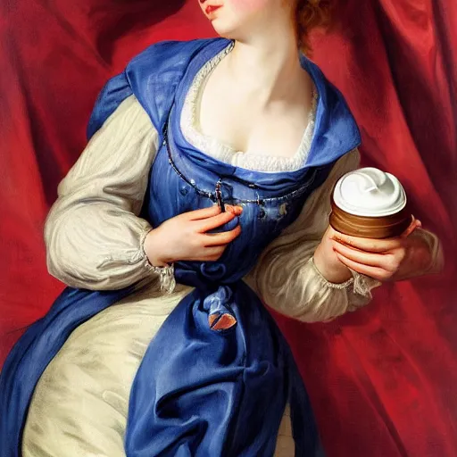 Prompt: heavenly summer sharp land sphere scallop well dressed lady holding a starbucks coffee cup, auslese, by peter paul rubens and eugene delacroix and karol bak, hyperrealism, digital illustration, fauvist,