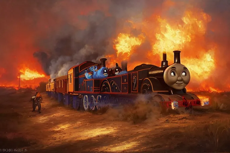 thomas the tank engine on fire as the 4 horsemen of