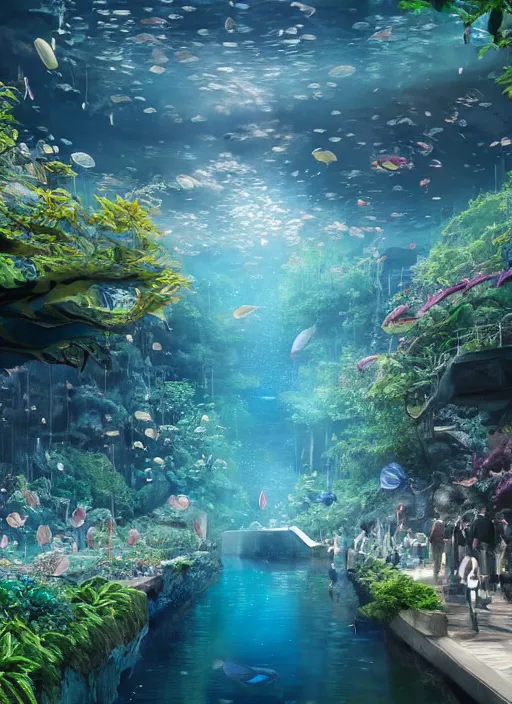 Image similar to fantastic space. aquarium underwater corridor. people observing lots of clear fish. water droplets, highly detailed, artstation trend, highly detailed and intricate, studio ghibli, makoto shinkai, no blur, photography, unreal engine 5