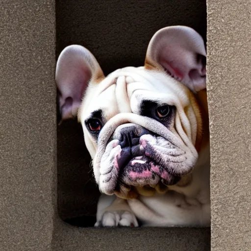 Prompt: bulldog with paws peeking out of hiding, 8k resolution, ultrarealistic