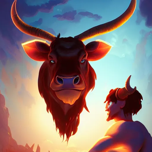 Image similar to portrait of a minotaur, an antropomorphic creature with a bull face, dark hair, mattepainting concept blizzard pixar maya engine on cold night stylized background splash comics global illumination lighting artstation lois van baarle, ilya kuvshinov, rossdraws