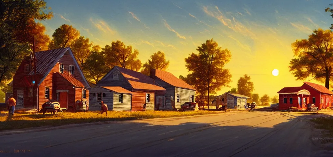 Image similar to concept art a small rural town in middle America in the 1960s, detailed, Americana, golden hour