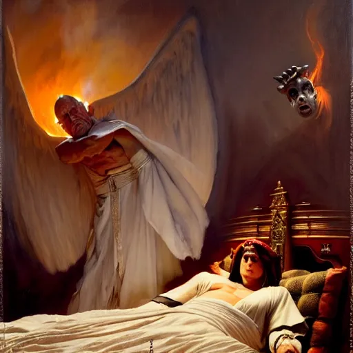 Image similar to the pope is in his bed, nervous and terrified, because a double horned shadow figure ghost from hell is attacking him. highly detailed painting by gaston bussiere, j. c. leyendecker, greg rutkowski, craig mullins 8 k