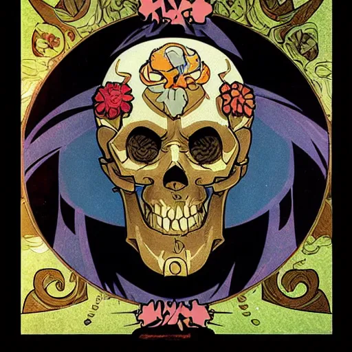 Image similar to anime manga skull portrait face skeleton illustration style by Alphonse Mucha and Hockney comicbook pop art nouveau