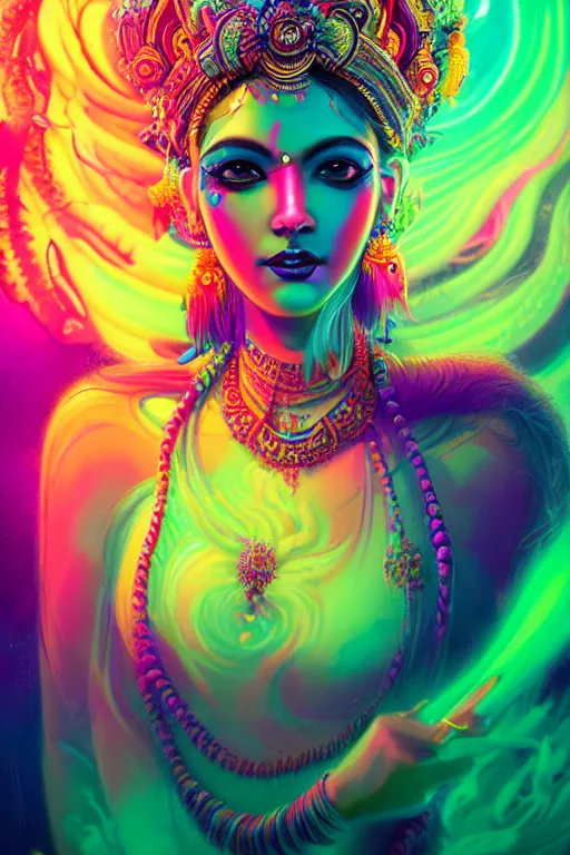 Image similar to a beautiful hindu goddess engulfed in colorful liquid smoke and neon clouds, a colorful psychedelic experience, dmt, lsd, face, highly detailed, artstation, concept art, matte, sharp focus, illustration, digital art by hana yata, and artem demura and beeple, octane render, unreal engine, 8 k