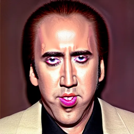 Image similar to nic cage but he's wearing an outfit that comprises his face all over it